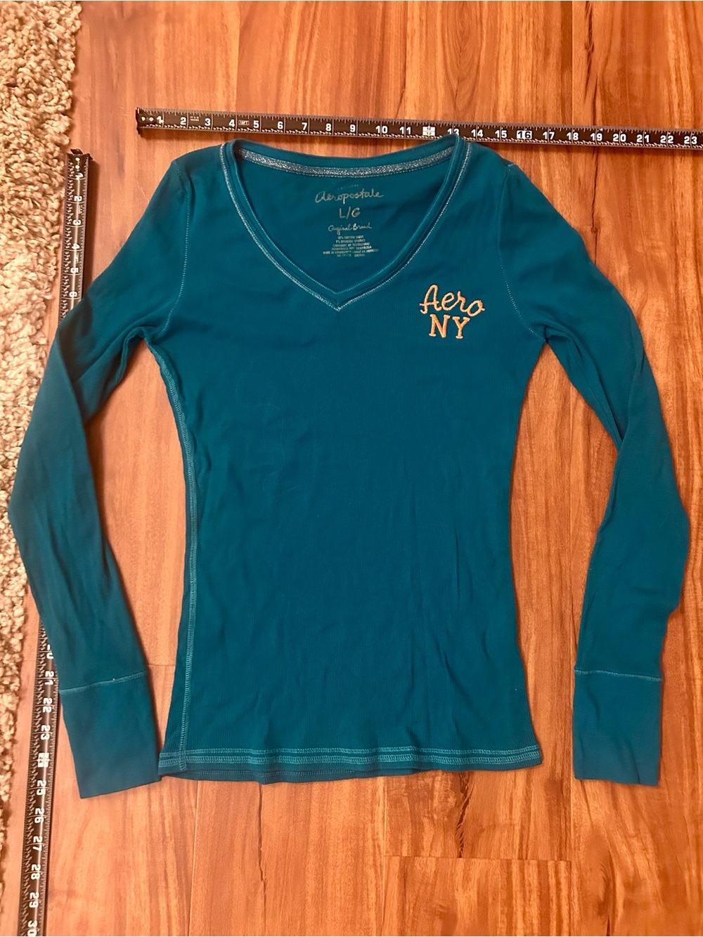 Aeropostale Teal V-Neck Long Sleeve Top with 'Aero NY' Embroidery